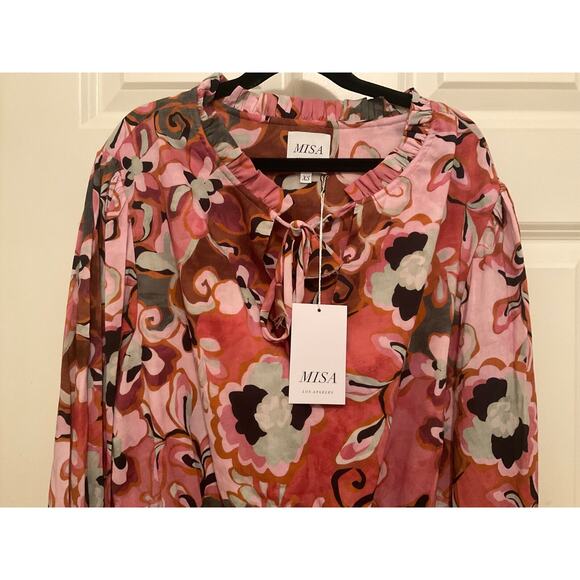 MISA LORENA BATIK PRINT COTTON BLEND MINI DRESS RUCHED WAIST RUFFLE TRIM SZ XS - Picture 8 of 10